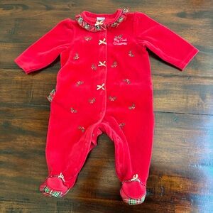 Little Me "My First Christmas Holly Plaid Velour Footed Bodysuit Sleeper 3 M